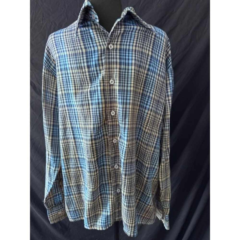 Vintage La Strada Mens Blue Tan Plaid Long Sleeve Button Down Shirt Casual Top